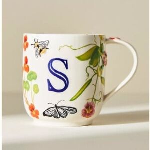 Anthropologie Glazed Stoneware Monogram “S”  Mug Garden Floral New In Box NWT